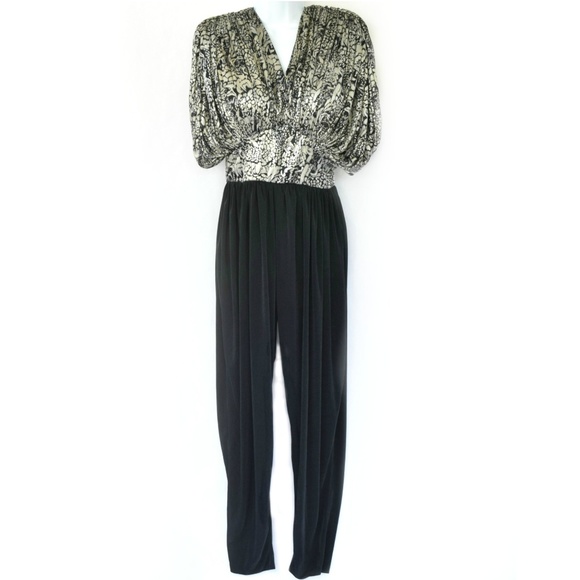 Vintage Pants - Vintage 80s Retro Glam Jumpsuit Silver & Black